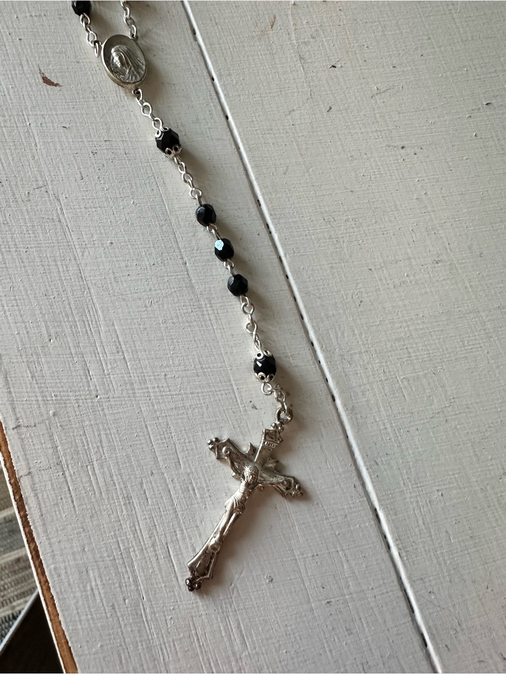 Silver Rosary Necklace with Black Beads